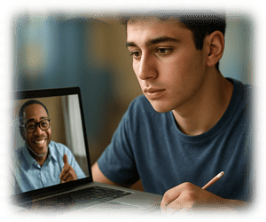 Figura de aluno com tutor, para quem precisa de gente de verdade, não só tecnologia